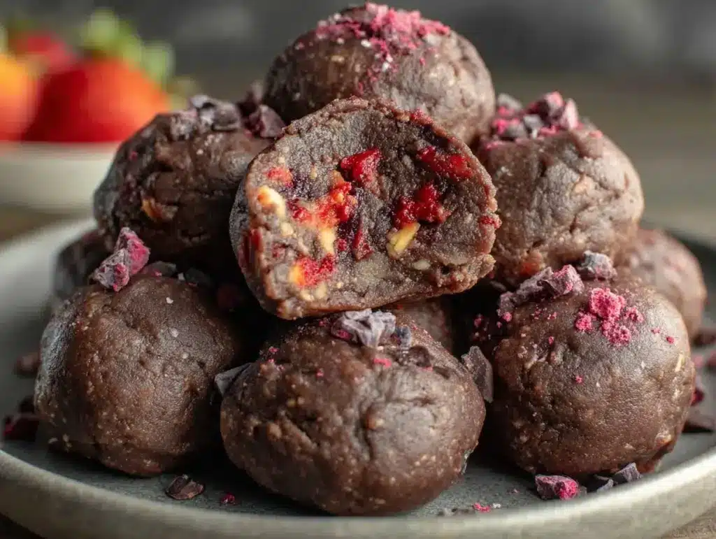 chocolate-covered strawberry protein balls - featured image