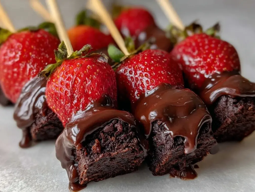 chocolate-dipped strawberry brownie skewers - featured image