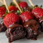 chocolate-dipped strawberry brownie skewers - featured image