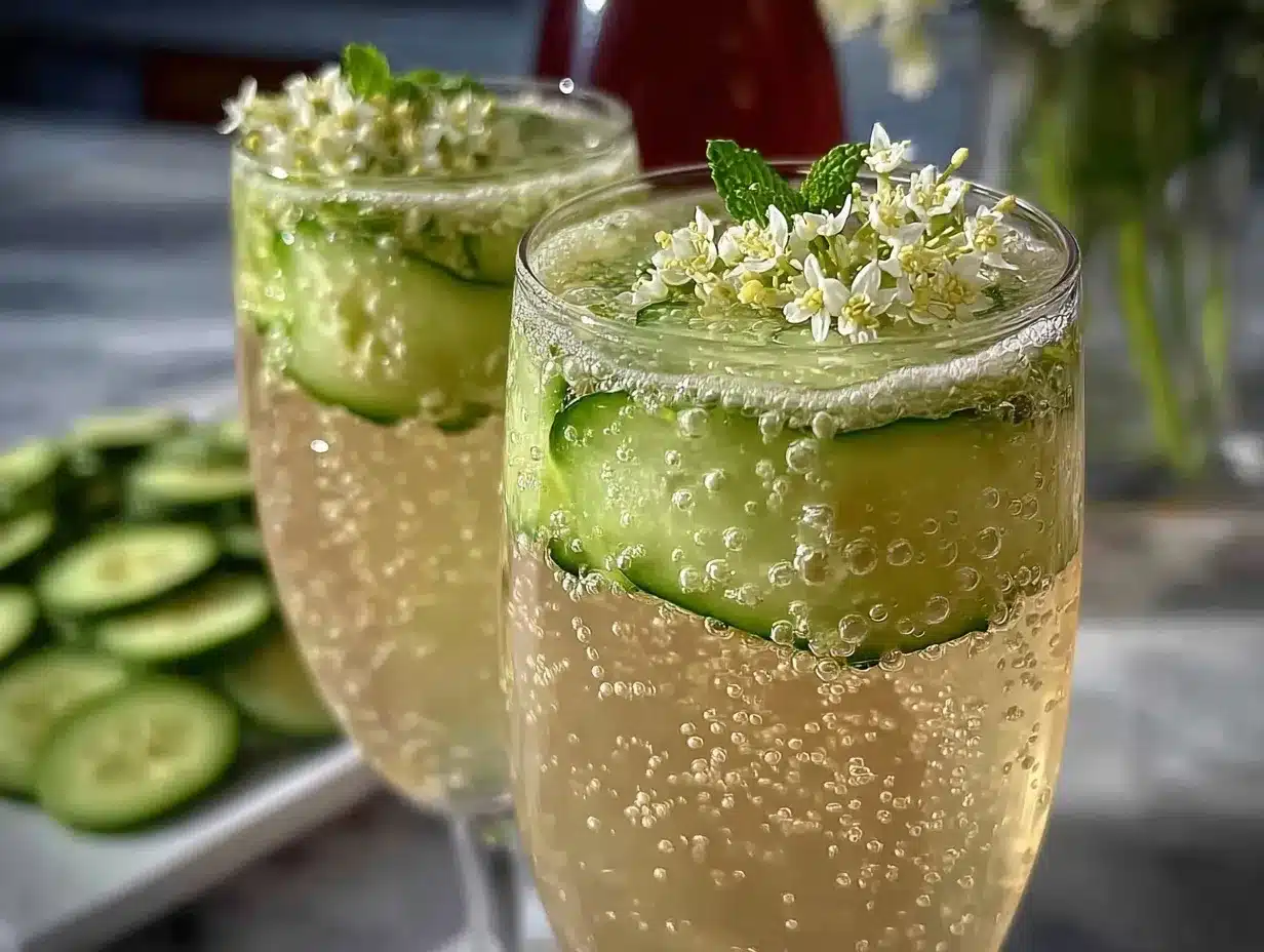 Elderflower and cucumber fizz cocktail preparation steps