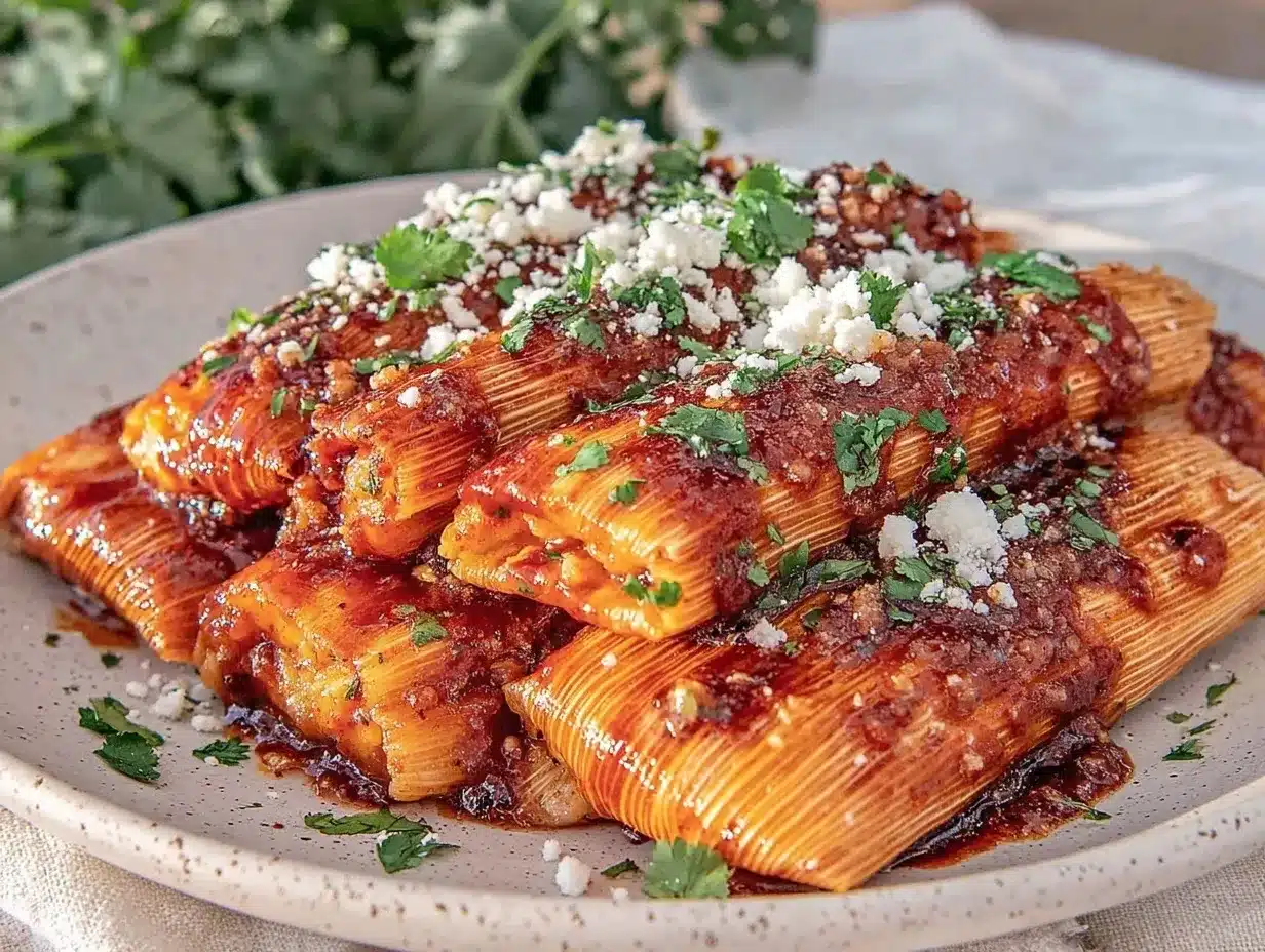 Mexican tamales with red chile sauce preparation steps