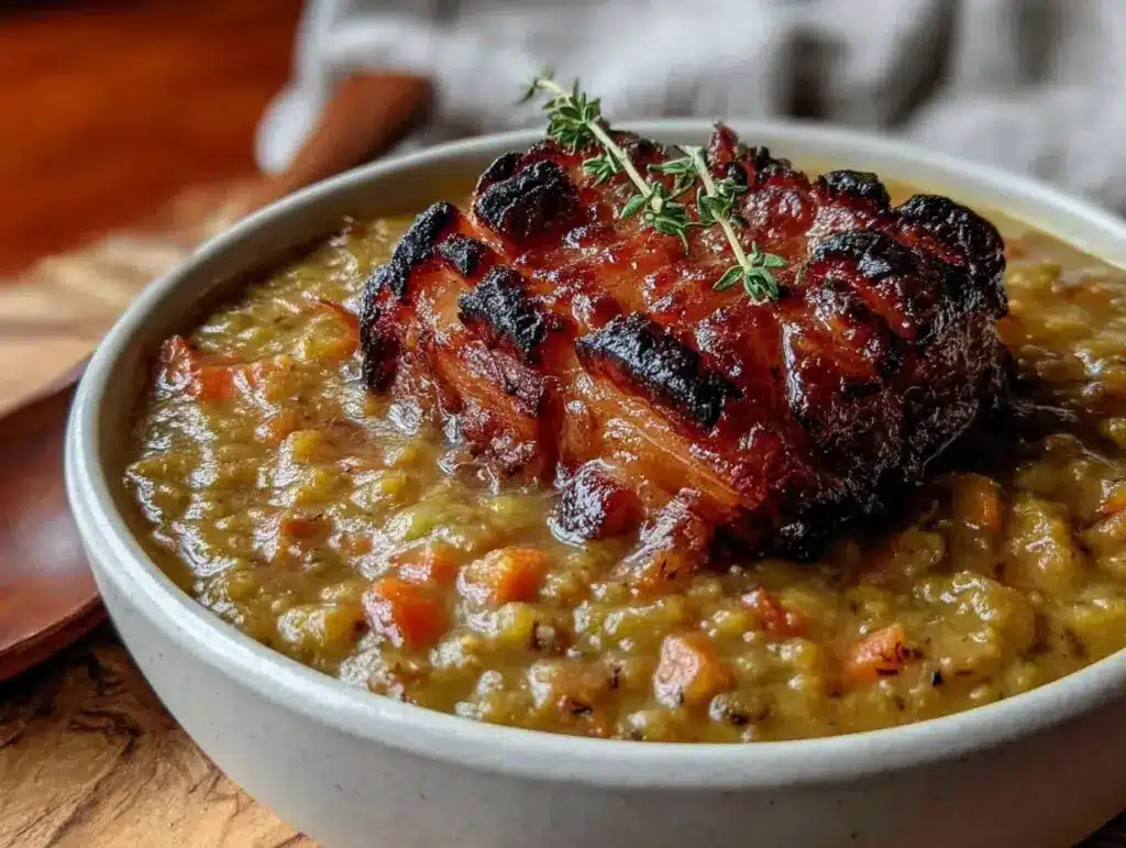 cozy split pea soup with smoked ham hock - featured image