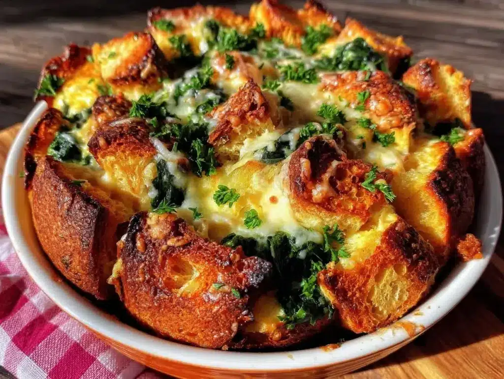 creamy spinach artichoke breakfast strata - featured image