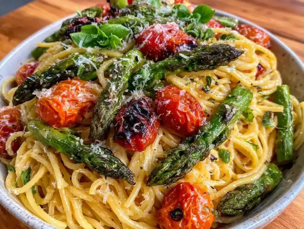 fresh roasted asparagus and cherry tomato pasta - featured image