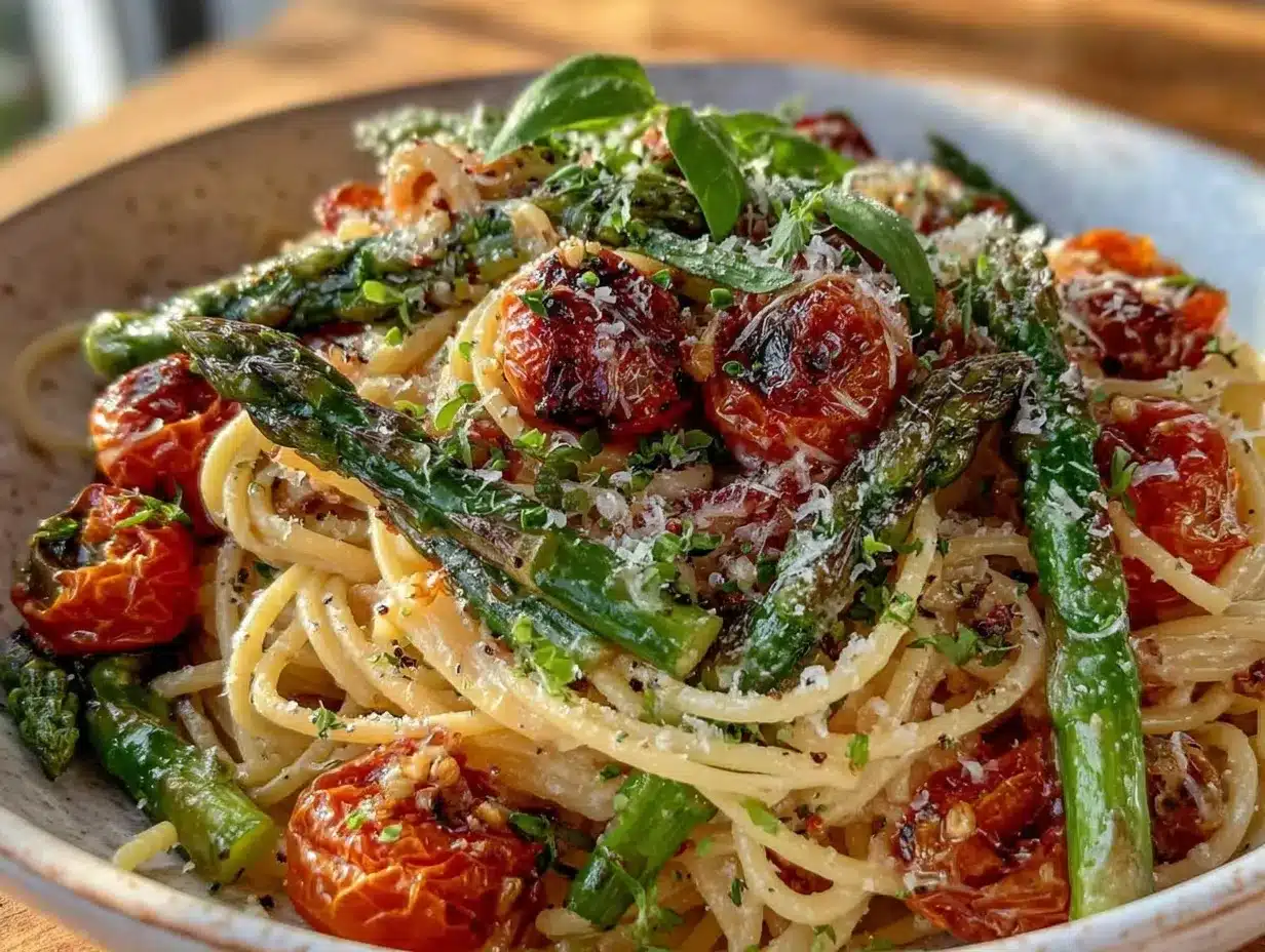 fresh roasted asparagus and cherry tomato pasta preparation steps