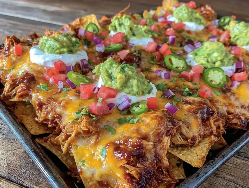 sheet pan bbq chicken nachos - featured image