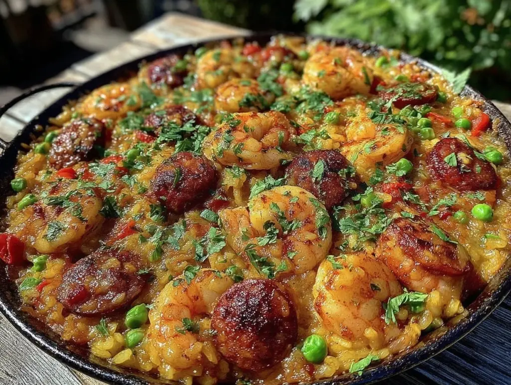 spanish paella with seafood and chorizo - featured image