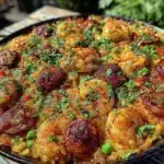 spanish paella with seafood and chorizo - featured image