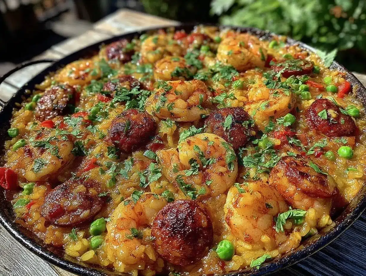 spanish paella with seafood and chorizo preparation steps