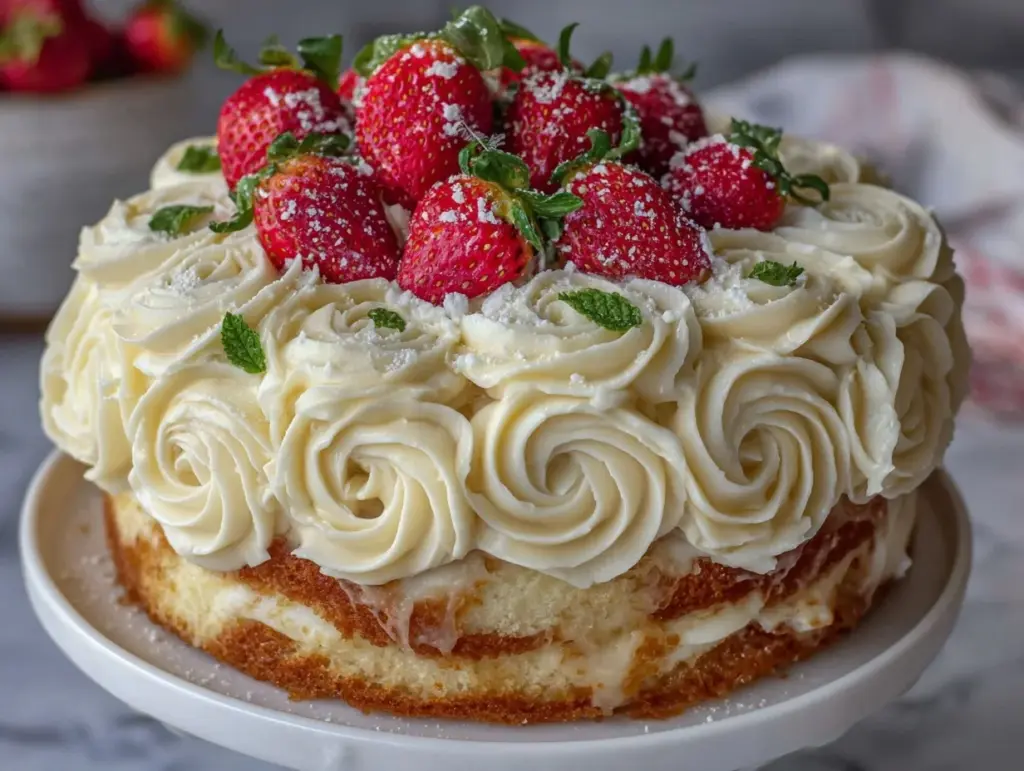 strawberry rose champagne cake - featured image