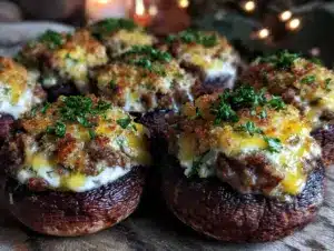 cheesy sausage stuffed mushrooms - featured image