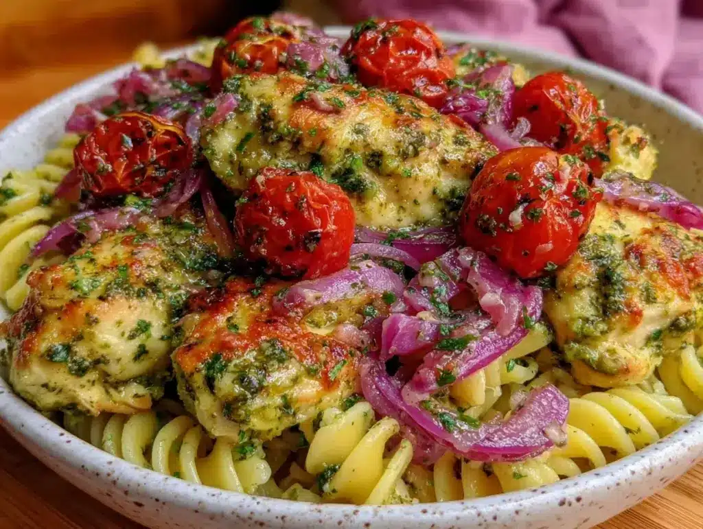 creamy baked pesto chicken pasta - featured image