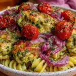 creamy baked pesto chicken pasta - featured image