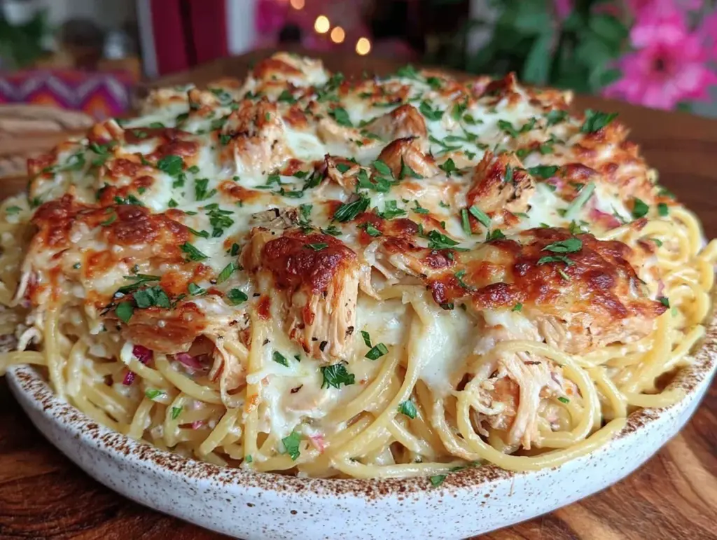 creamy chicken tetrazzini pasta bake - featured image