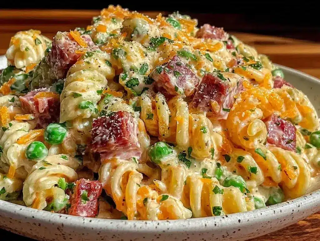 creamy pasta salad with ham peas cheddar - featured image
