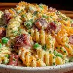 creamy pasta salad with ham peas cheddar - featured image