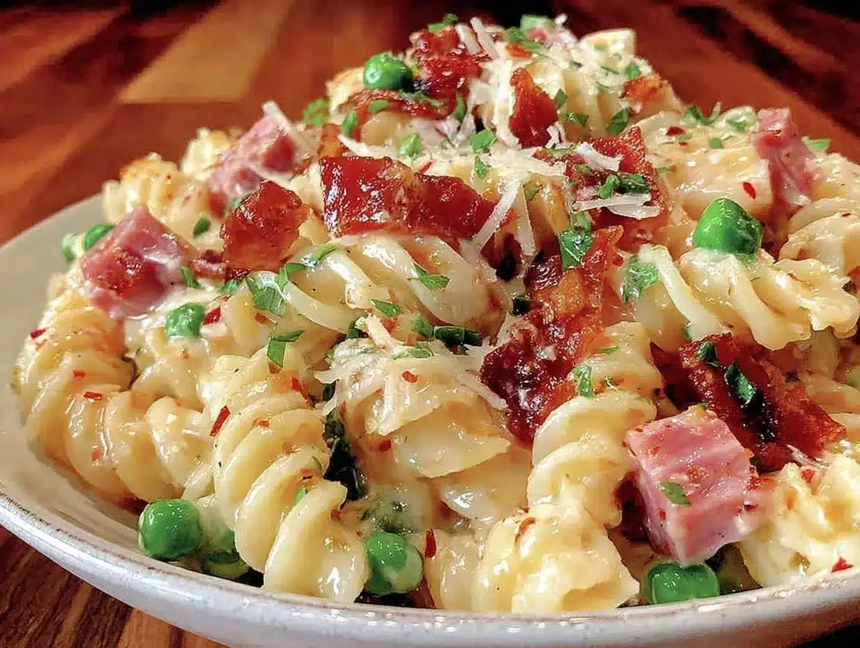 creamy pasta salad with ham peas cheddar preparation steps