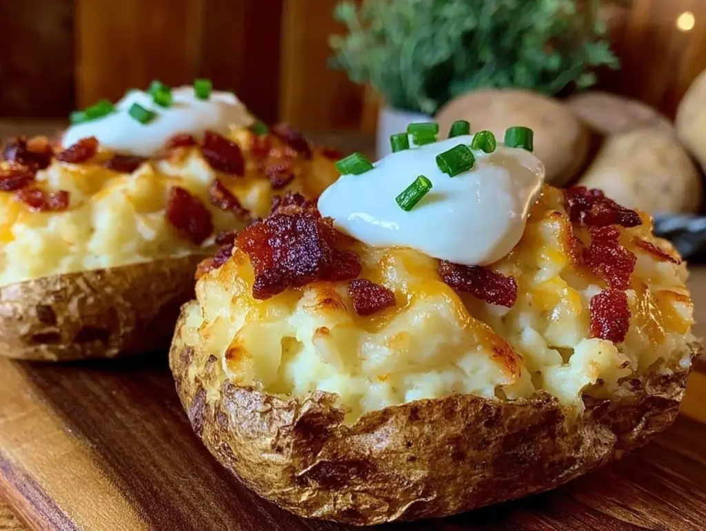 crispy air fryer loaded twice baked potatoes - featured image