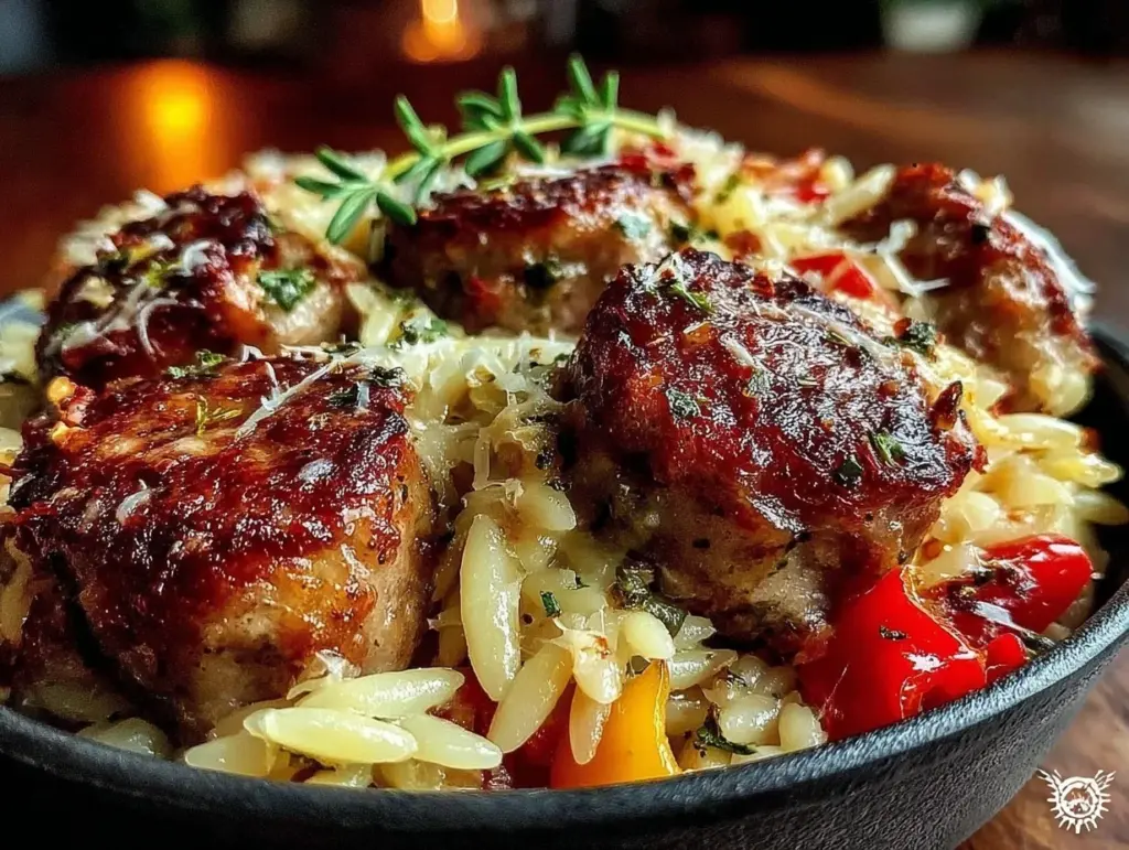 easy cheesy sausage and orzo skillet - featured image