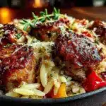 easy cheesy sausage and orzo skillet - featured image