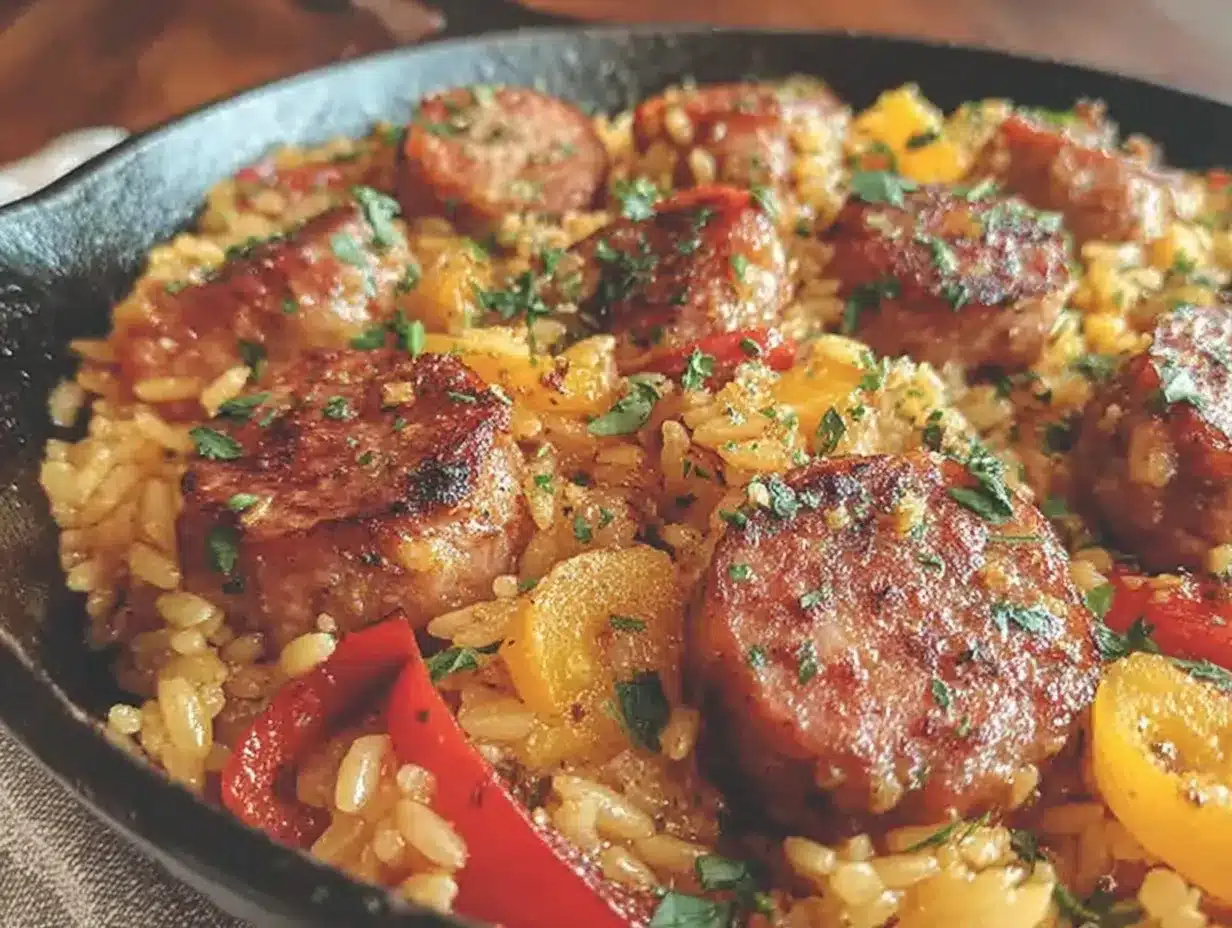 easy cheesy sausage and orzo skillet preparation steps