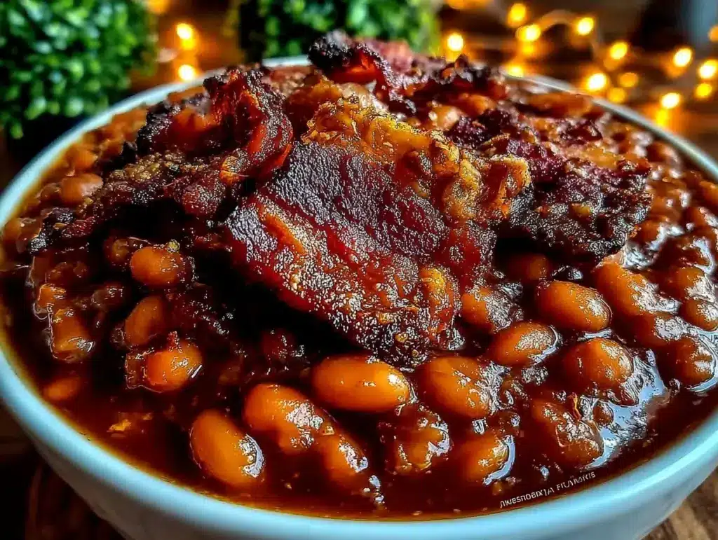savory crockpot baked beans with bacon - featured image