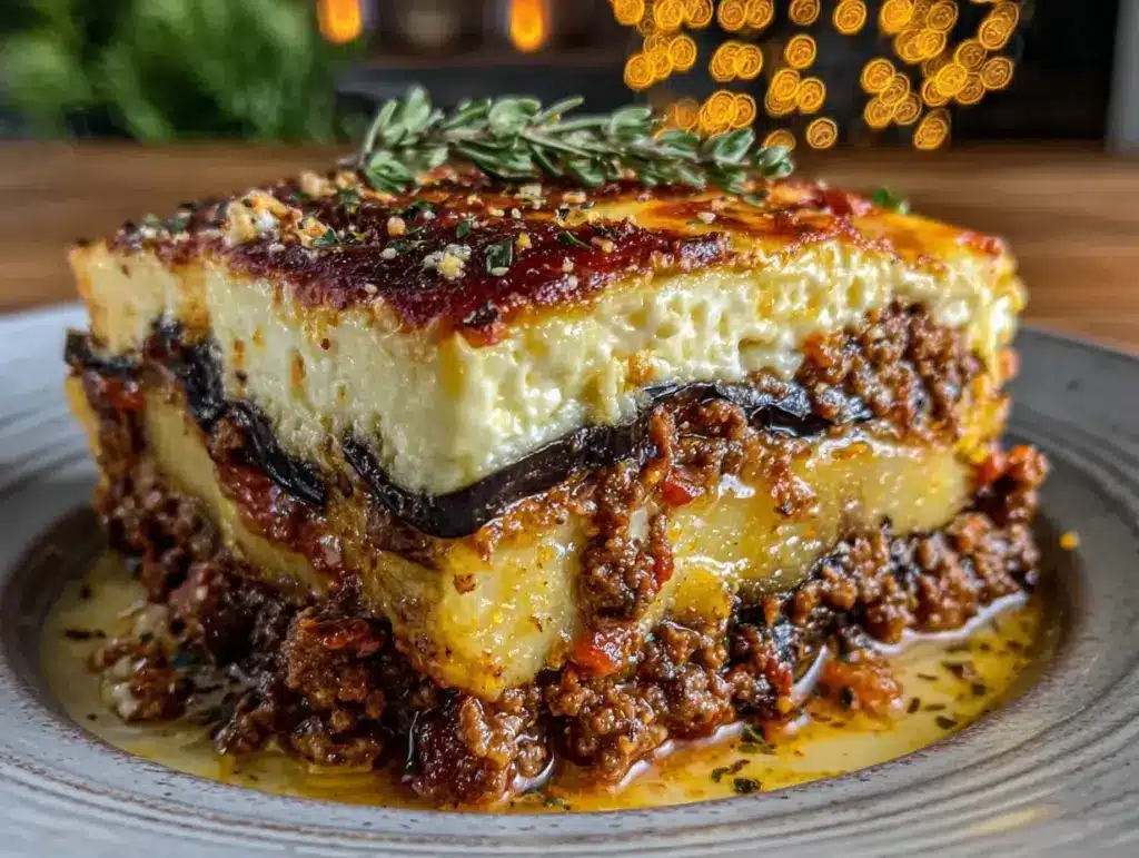 creamy eggplant lamb moussaka - featured image