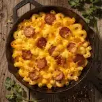 creamy one-skillet campfire mac and cheese with smoked sausage - featured image