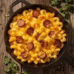 creamy one-skillet campfire mac and cheese with smoked sausage - featured image