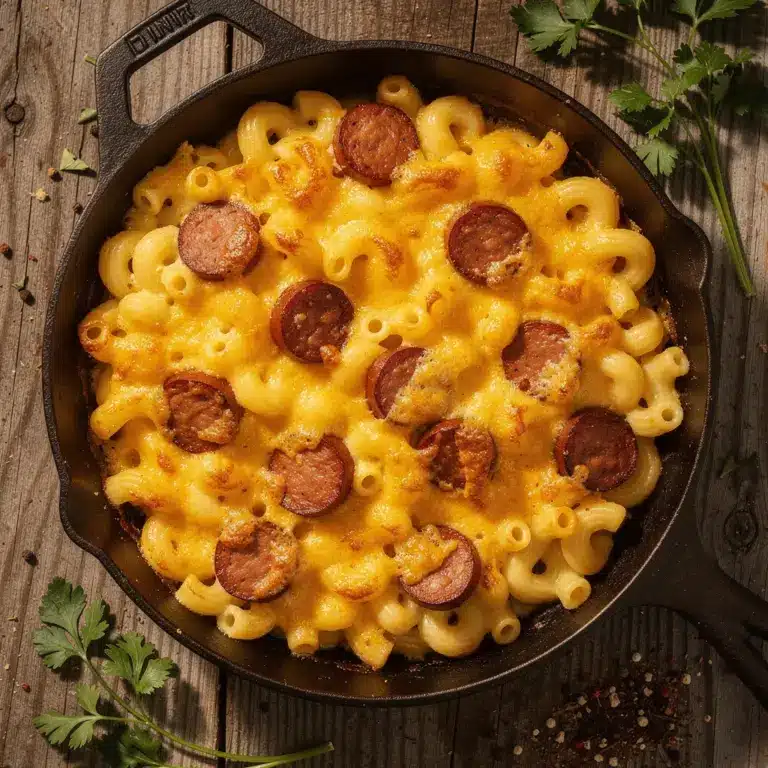 creamy one-skillet campfire mac and cheese with smoked sausage - featured image