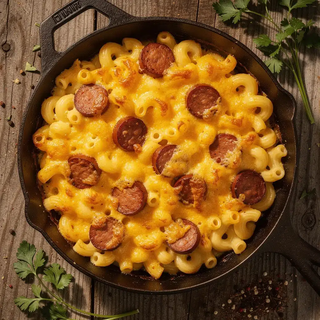 creamy one-skillet campfire mac and cheese with smoked sausage - featured image