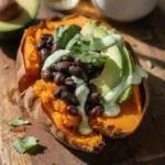 loaded sweet potato with black beans and avocado lime crema - featured image