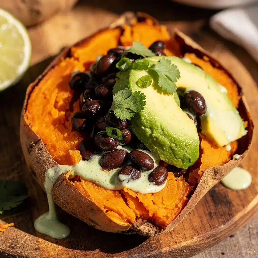 loaded sweet potato with black beans and avocado lime crema preparation steps