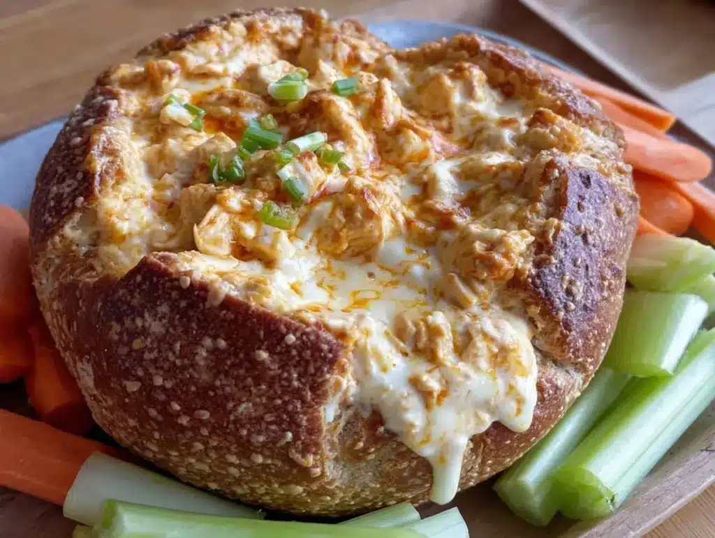 buffalo chicken dip stuffed bread bowl - featured image