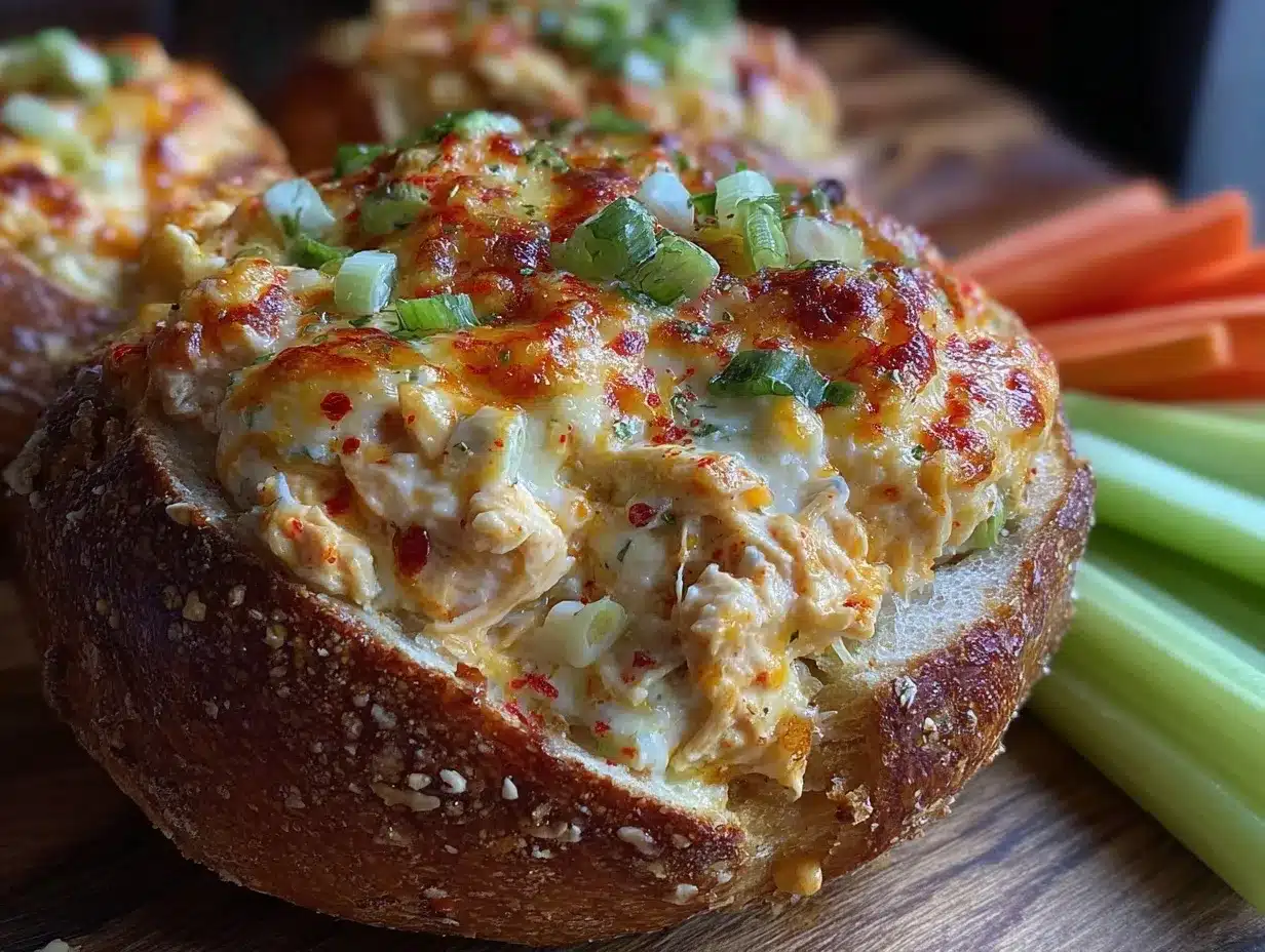 buffalo chicken dip stuffed bread bowl preparation steps