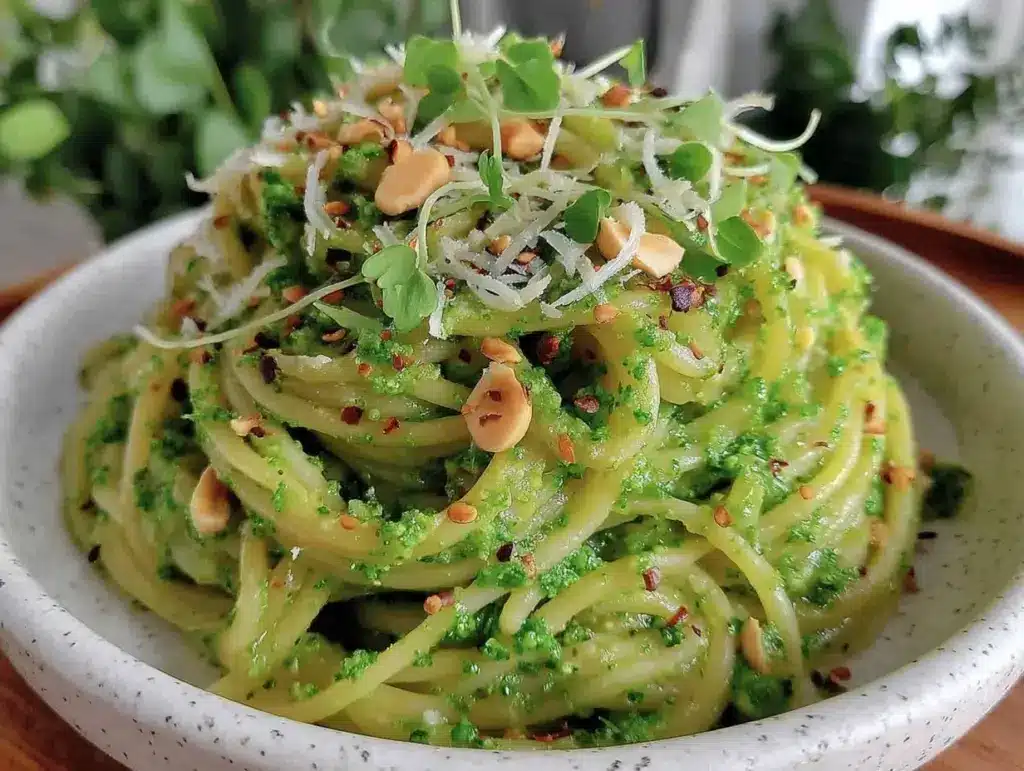 creamy garlic scape pesto pasta - featured image