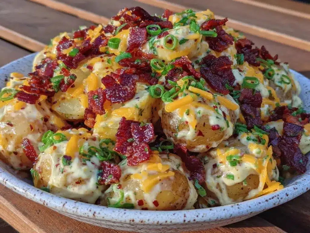 creamy loaded potato salad with bacon and cheddar - featured image