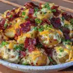 creamy loaded potato salad with bacon and cheddar - featured image