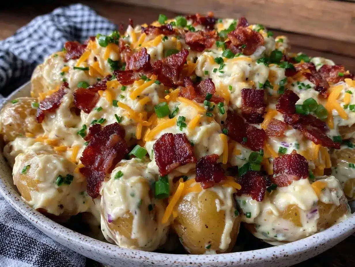 creamy loaded potato salad with bacon and cheddar preparation steps