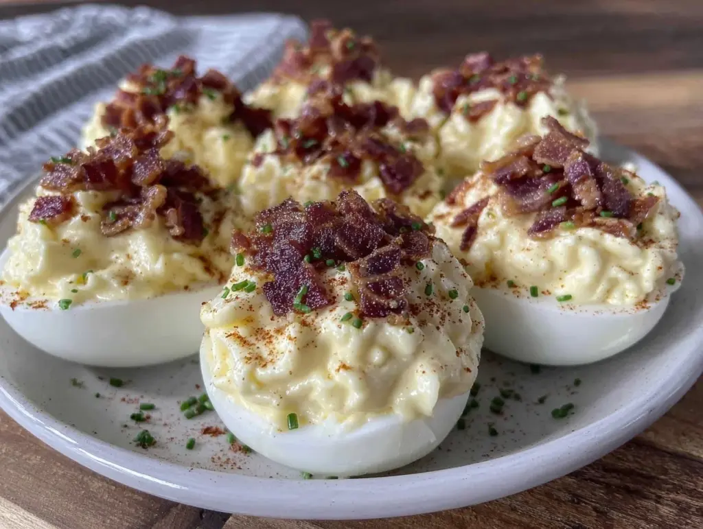 crispy classic deviled eggs with bacon topping - featured image