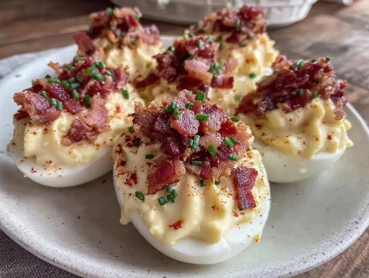 crispy classic deviled eggs with bacon topping preparation steps