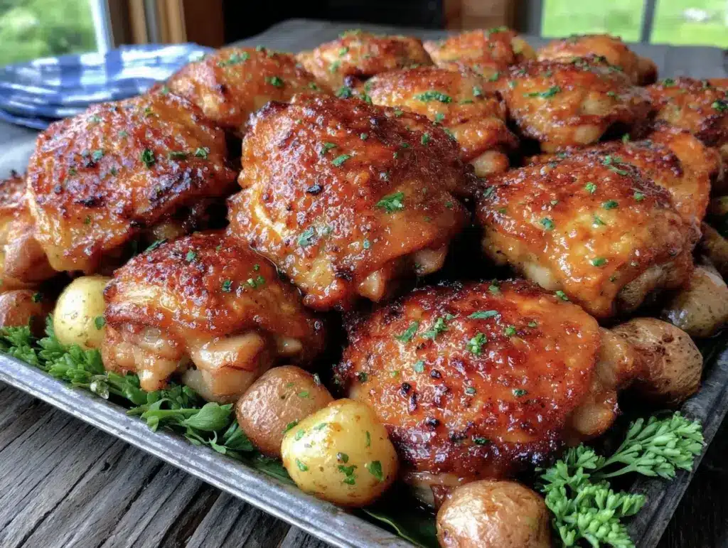 crispy sheet pan honey mustard chicken thighs - featured image