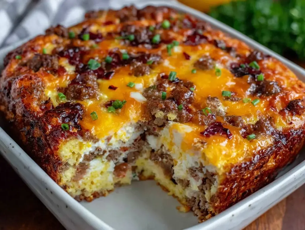 easy cheesy sausage breakfast casserole - featured image