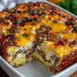 easy cheesy sausage breakfast casserole - featured image