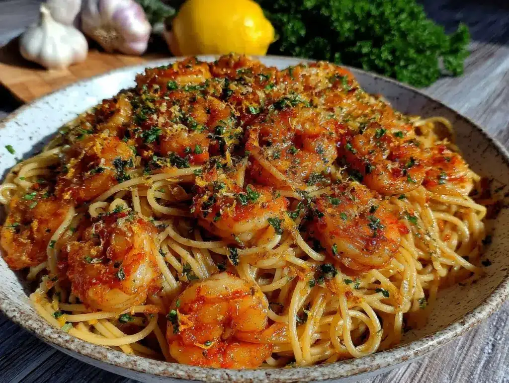 easy garlic butter shrimp pasta - featured image