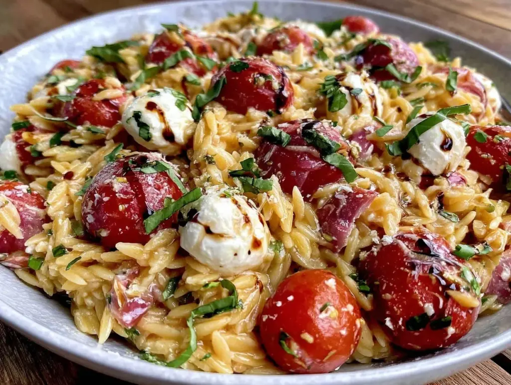 fresh caprese orzo salad - featured image