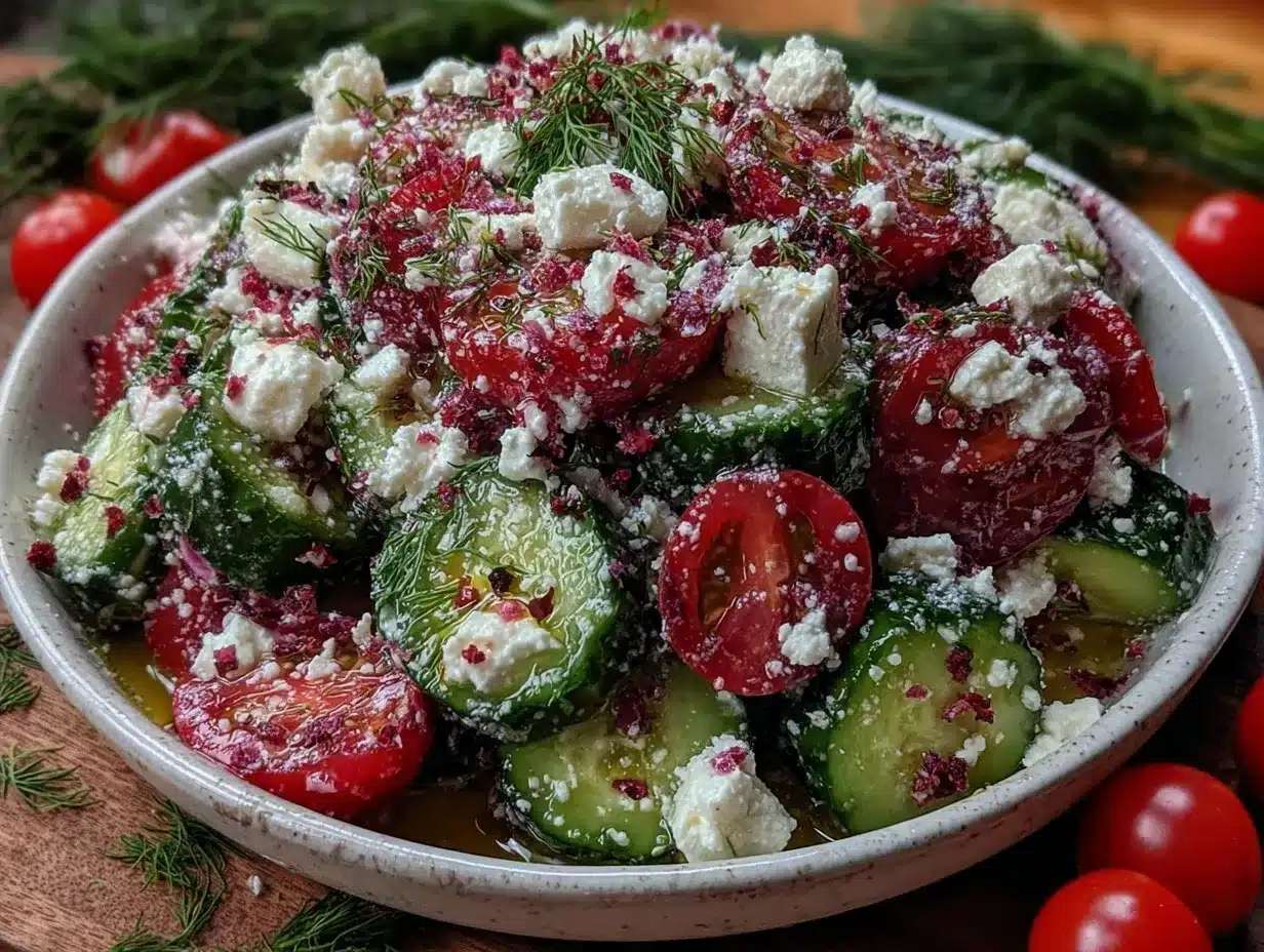 fresh cucumber tomato feta salad with dill preparation steps