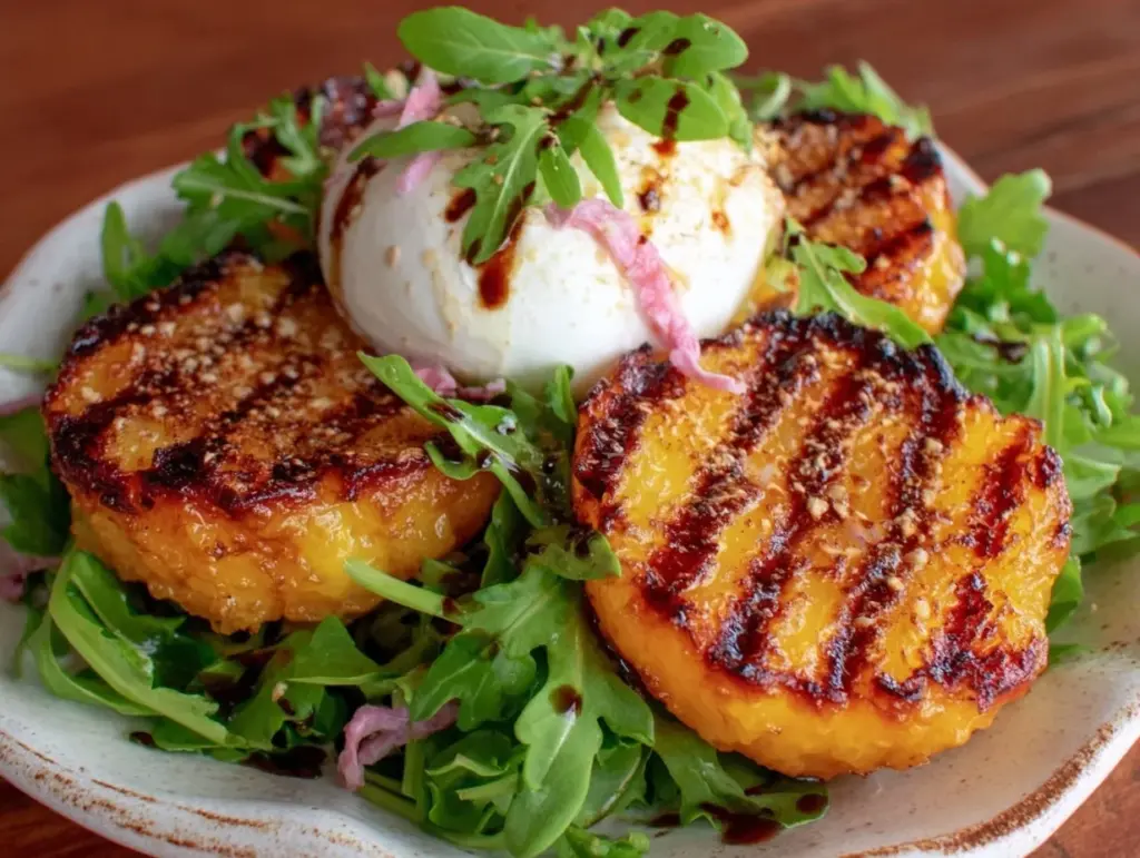 fresh grilled peach burrata salad - featured image