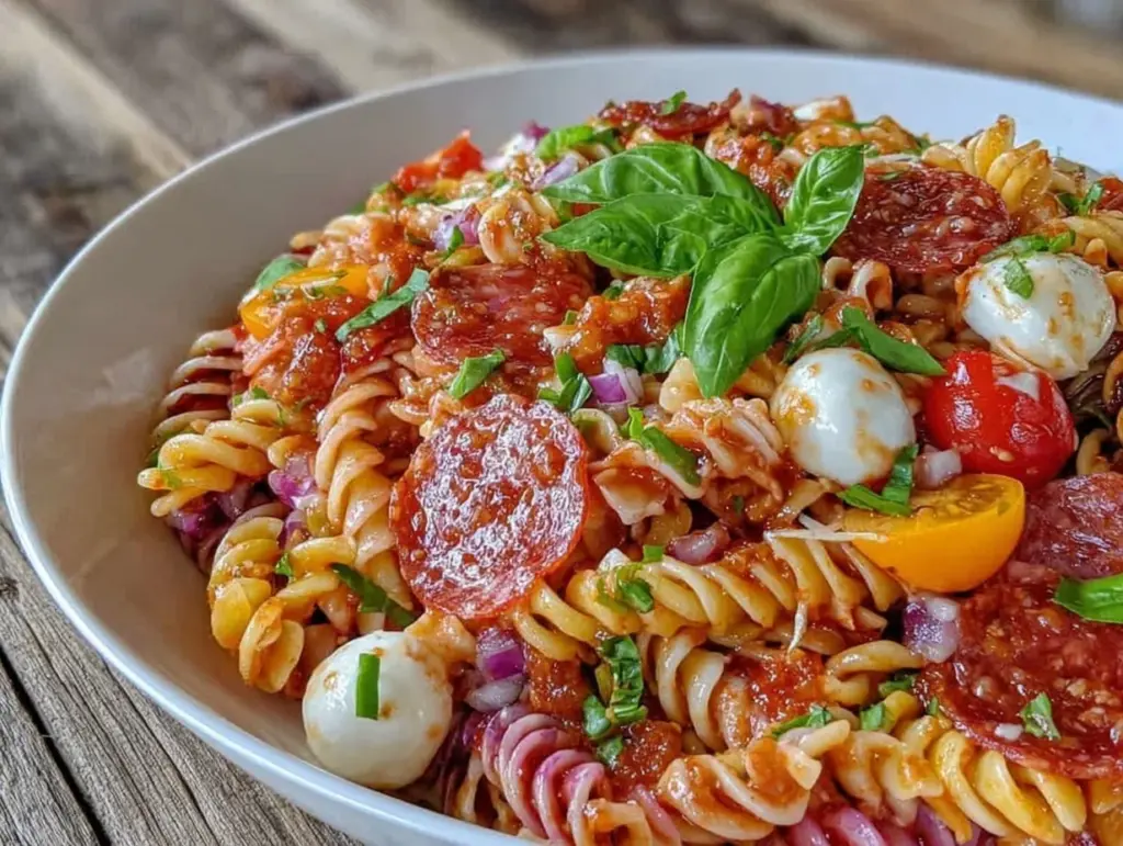 italian pasta salad with pepperoni and mozzarella - featured image