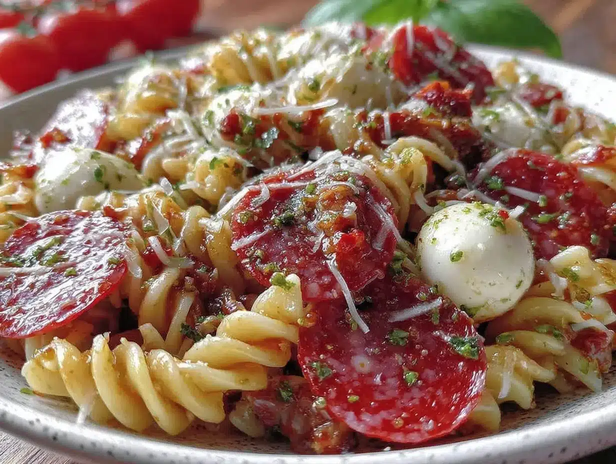 italian pasta salad with pepperoni and mozzarella preparation steps